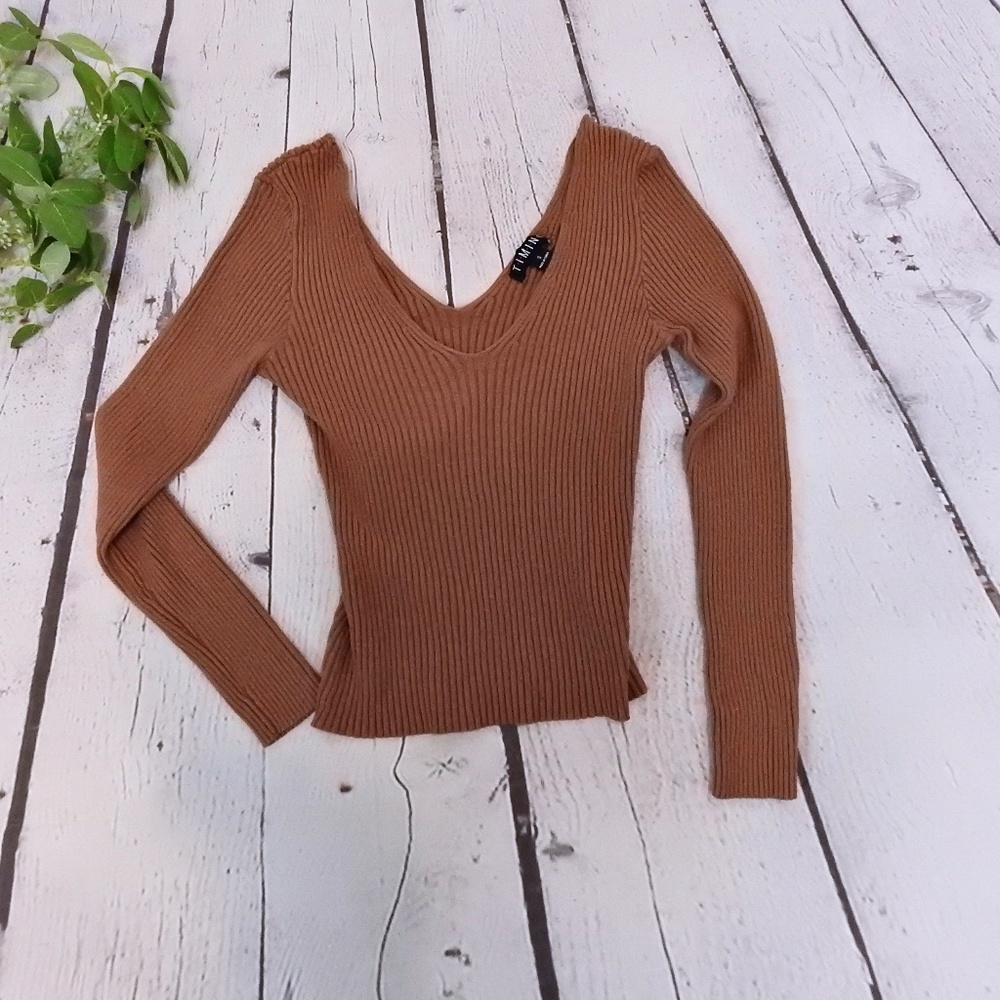 Timing Women's Plush Deep V Neck Sweater Brown Size Small